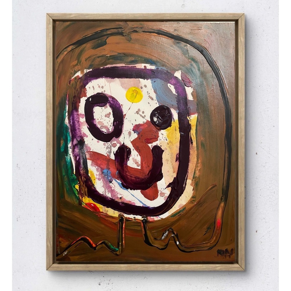 Pop Art Smiley Face Original Painting 11x14 Mixed Media Brown Abstract Decor